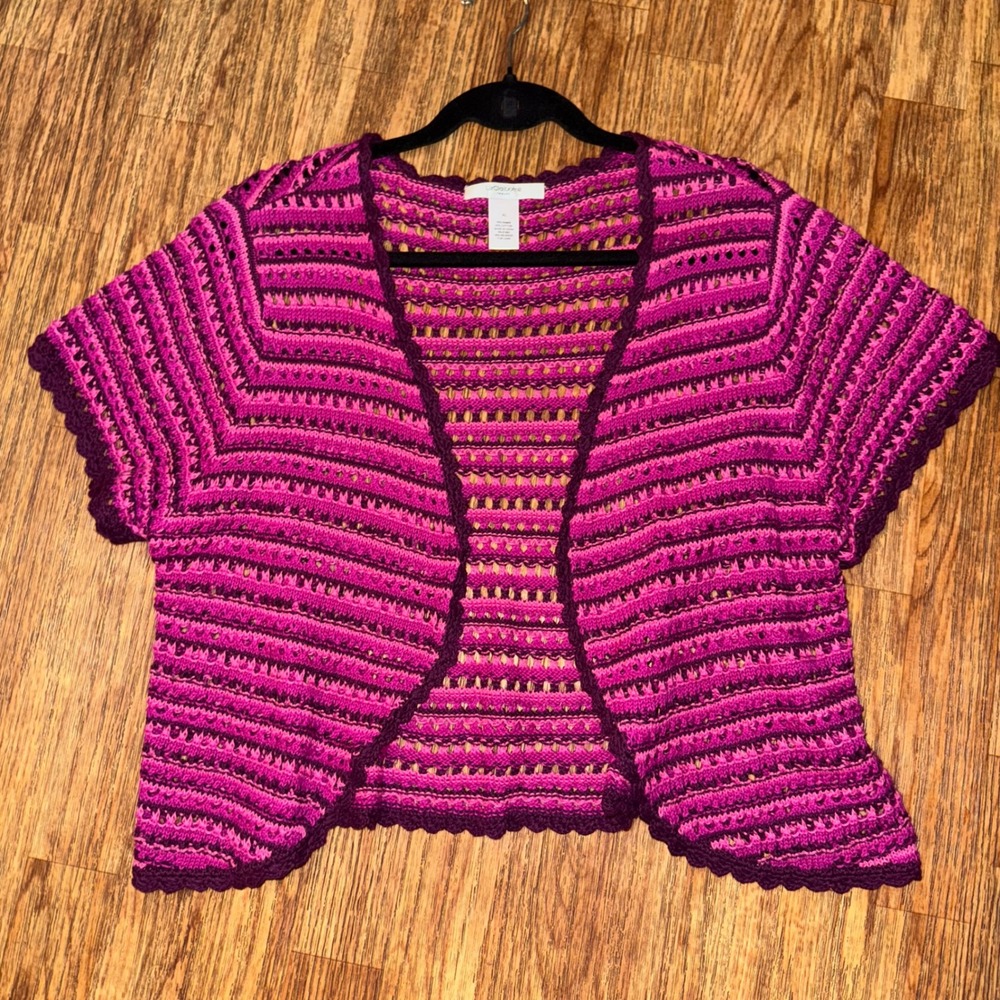Liz Claiborne Cardigan Top Crochet Y2K Boho Pink Open Knit XL Grandmacore